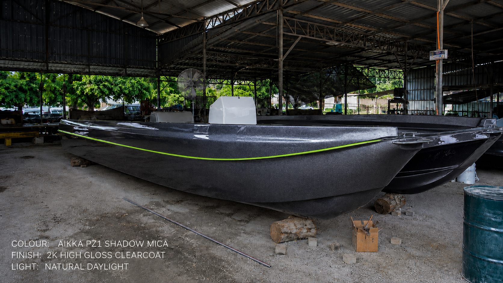 Wide-deck catamaran project under construction in the boatyard